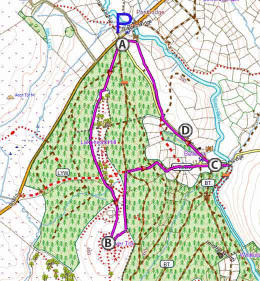 Map of Postbridge Bellever Tor Walk