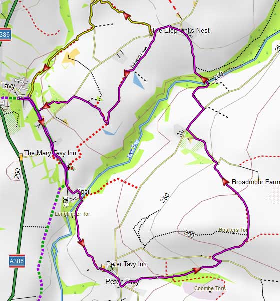 Map of Mary Tavy To Elephants Nest via Peter Tavy Walk