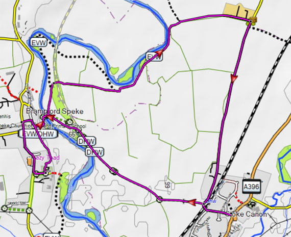 Map of Stoke Canon to Brampford Speke Circular Walk
