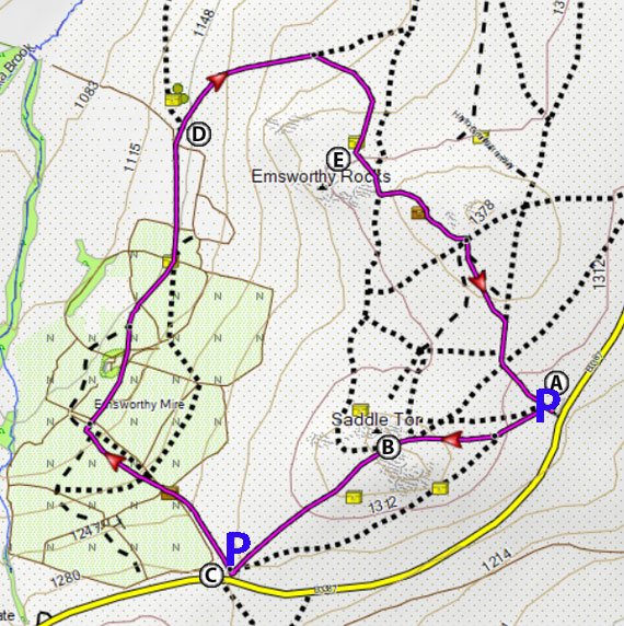 Map of Emsworthy Mire and Saddle Tor Walk
